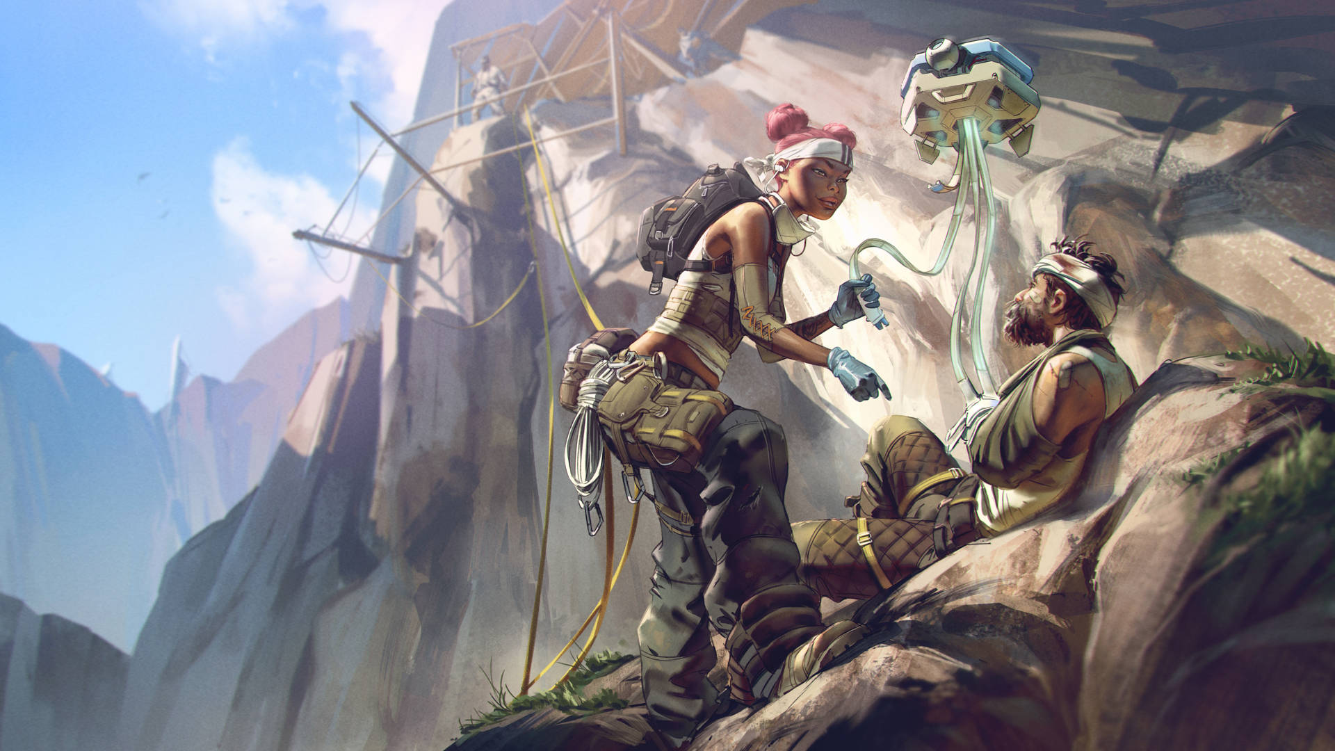 Apex Legends 4K 女兵 壁紙 — 兩名穿著堅固裝備的冒險者在晴朗藍天下，於岩石峭壁上照料一名受傷的同伴。