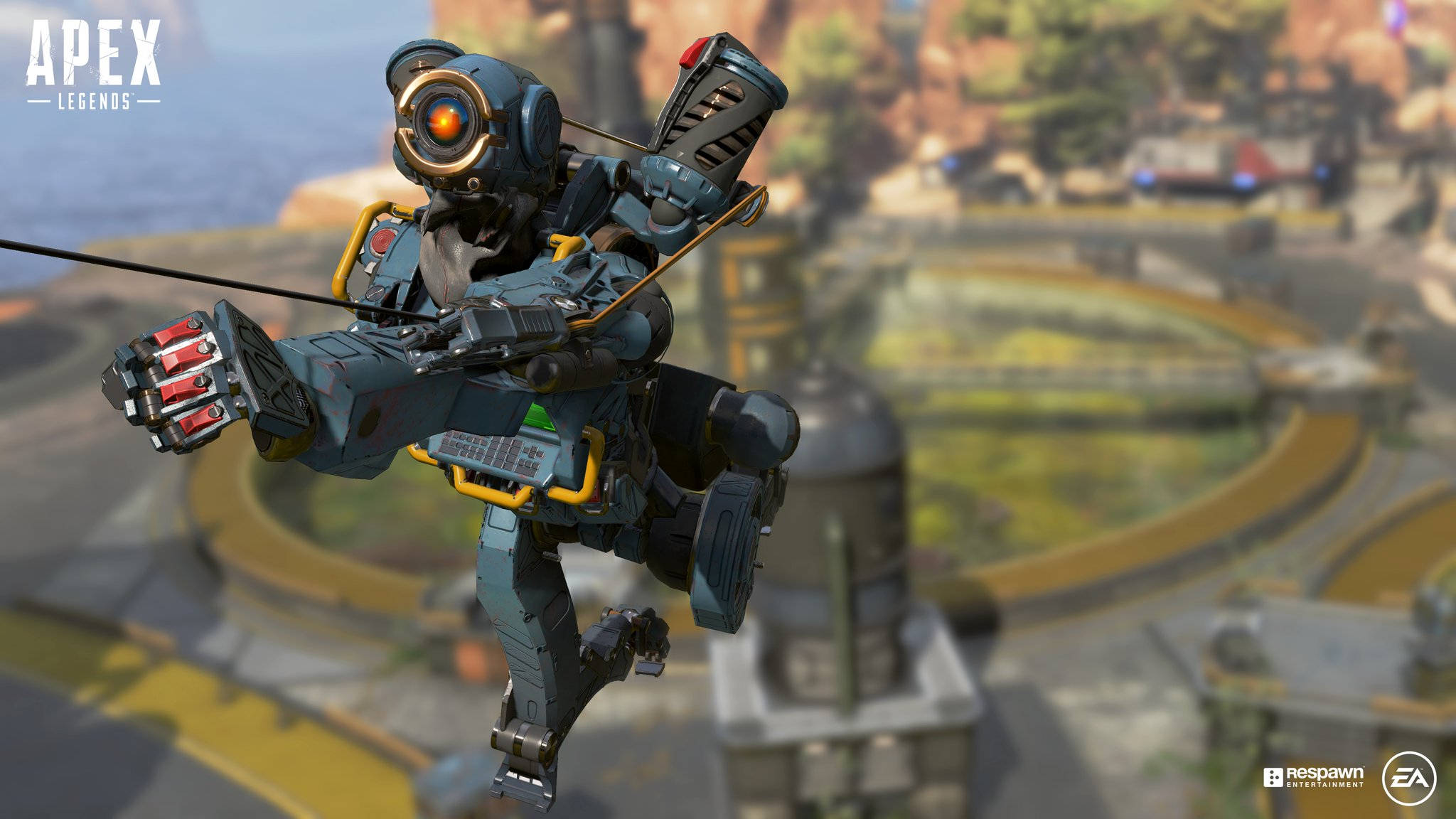 Apex Legends 4K 黑色機器人 壁紙 — 一架未來風格的機甲在陽光普照的城市峽谷中滑行，帶有發光的橙色眼睛和黃色點綴。