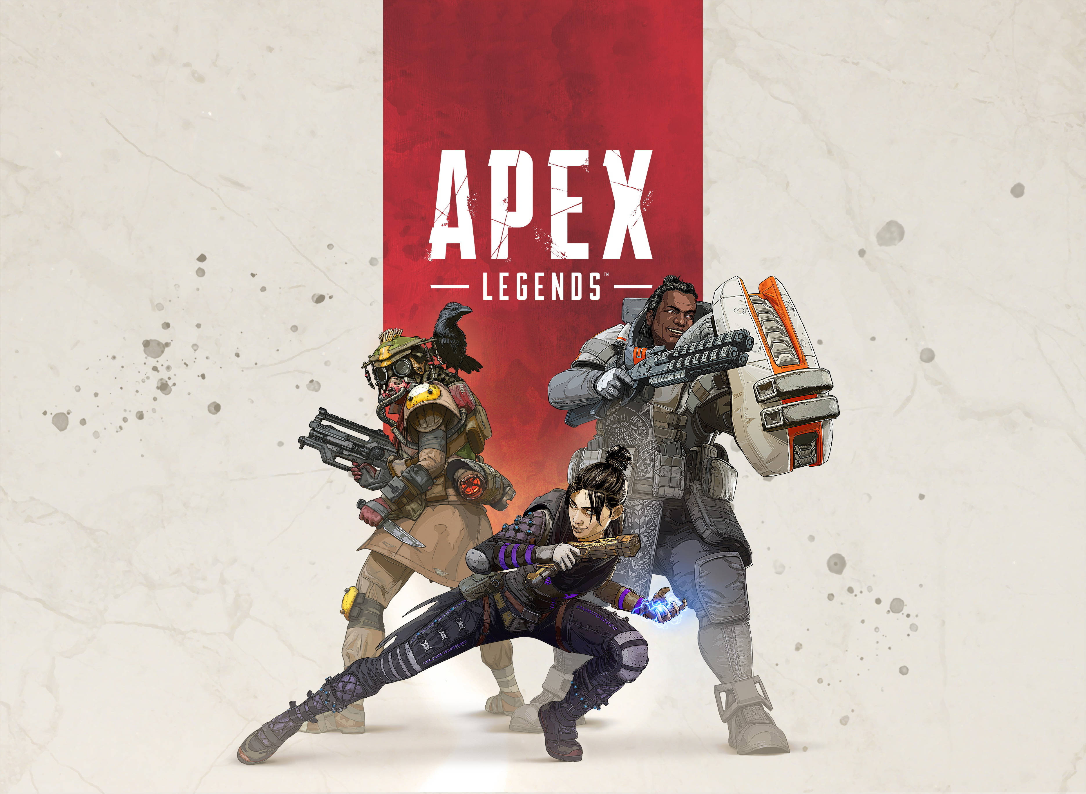 Apex Legends 4K 角色 壁紙 — 三名《Apex Legends》角色以戰鬥姿態站在帶有遊戲標題的紅色垂直橫幅前。