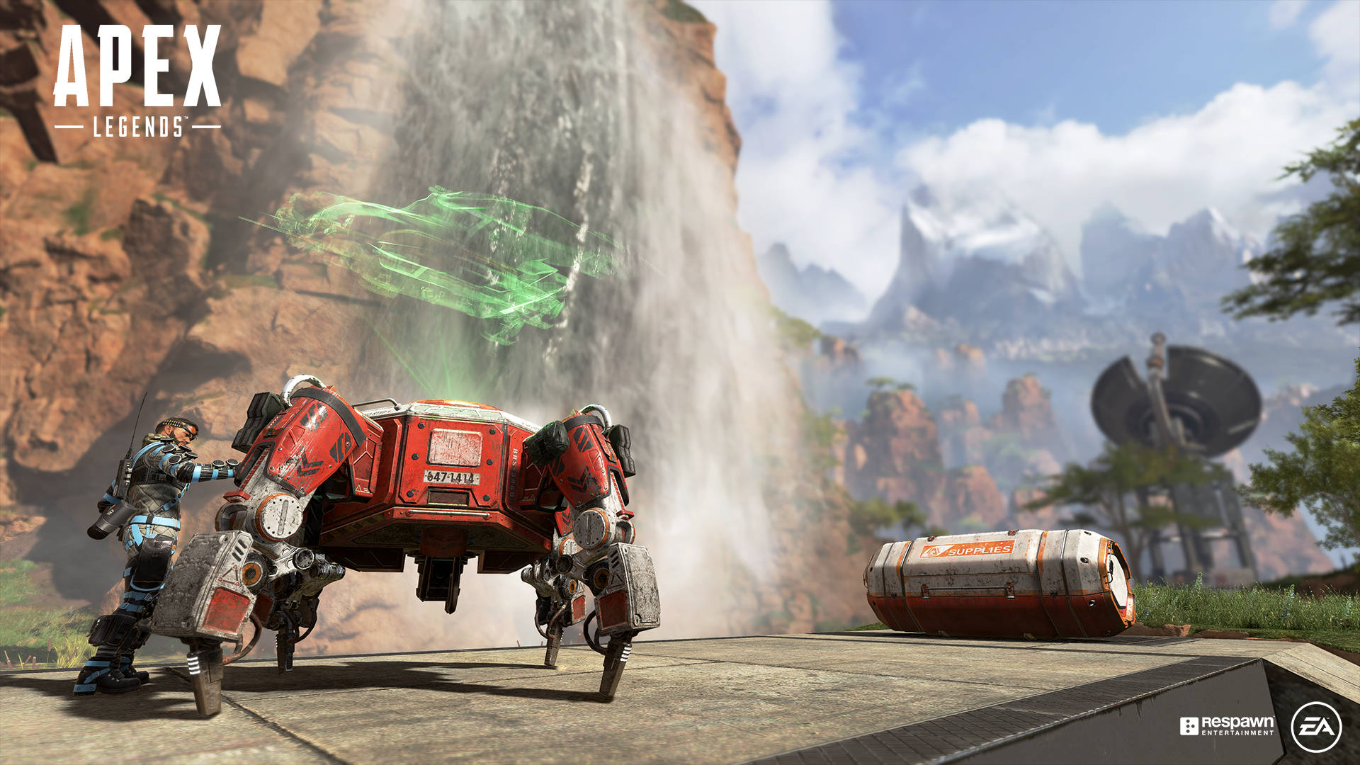 Apex Legends 4K 機器人 壁紙 — 一件紅色嘅外骨骼裝甲企喺一個崎嶇山區嘅Apex Legends風景中嘅瀑布前面，附近有一架發光嘅綠色車輛懸浮緊。
