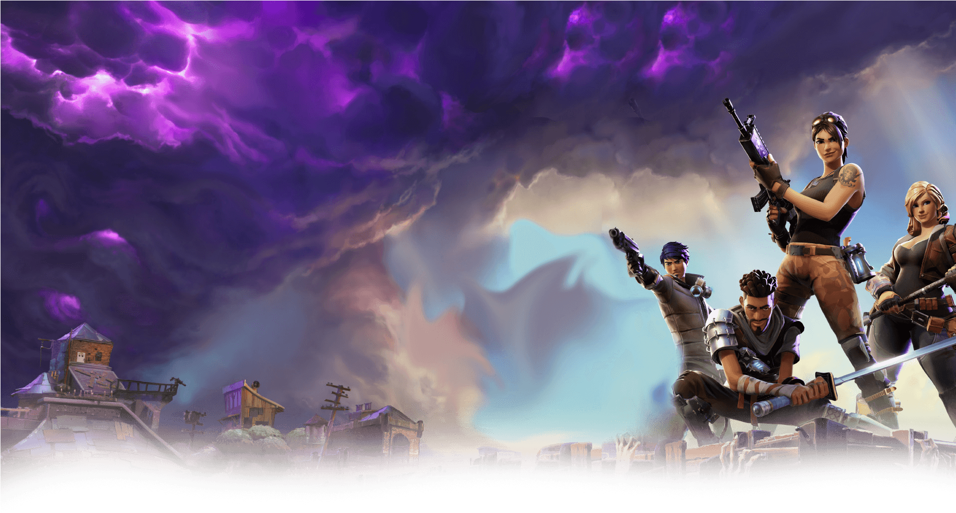 Apex Legends 群英齊聚戰鬥 壁紙 — 四個Fortnite角色手持武器，在廢墟城鎮上空戲劇性的紫色暴風雨天空下準備就緒。