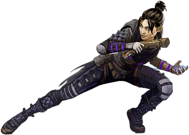 Apex Legends 魔女行動姿勢 壁紙 — 一個動態的動漫戰士，身穿帶有紫色點綴的暗色盔甲，在黑色背景前揮劍向前衝刺。