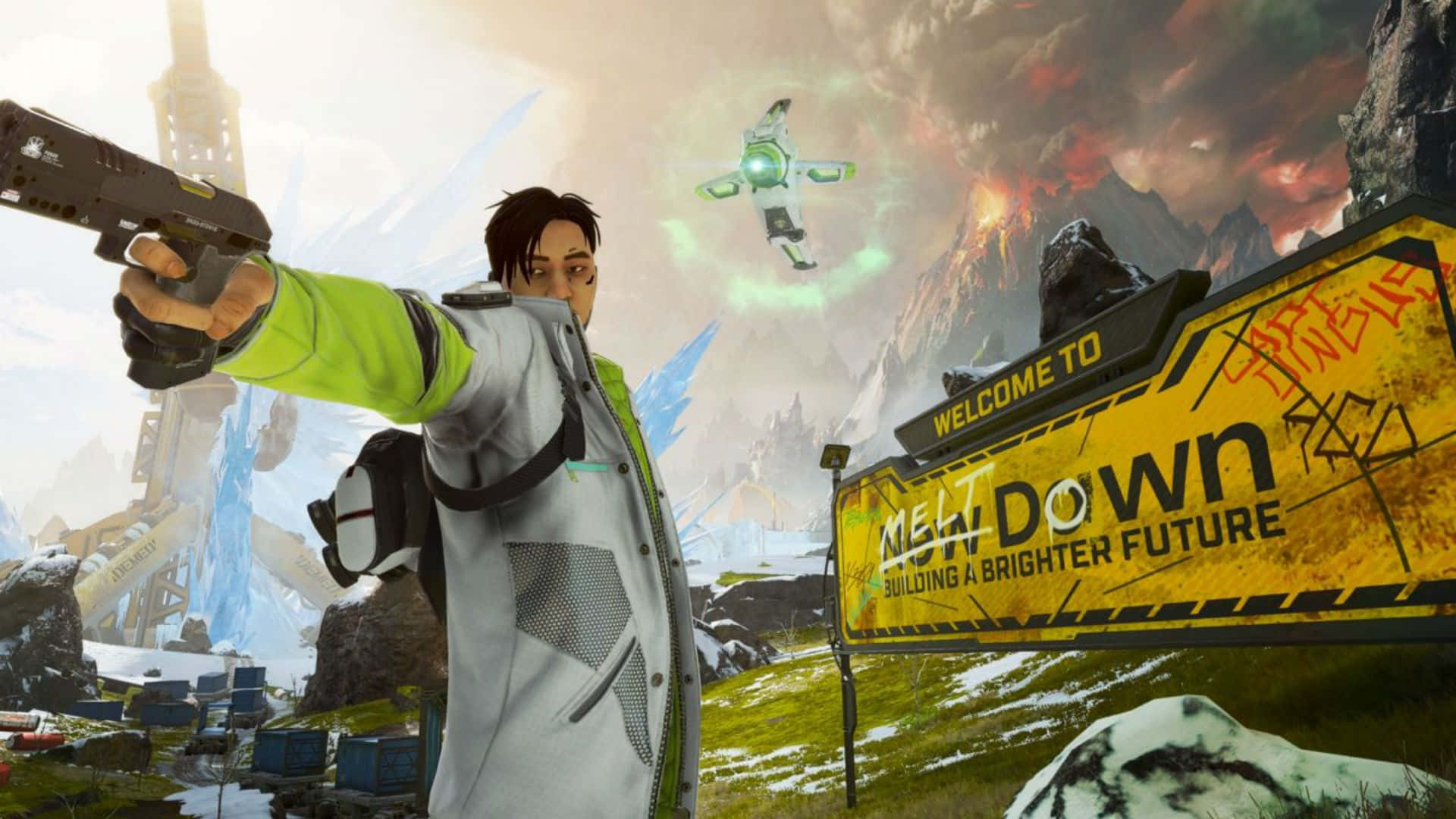 一個遊戲角色在雪地科幻景觀中，伴隨著發光的無人機和一個「Welcome to Meat Down」標誌，瞄準手槍。