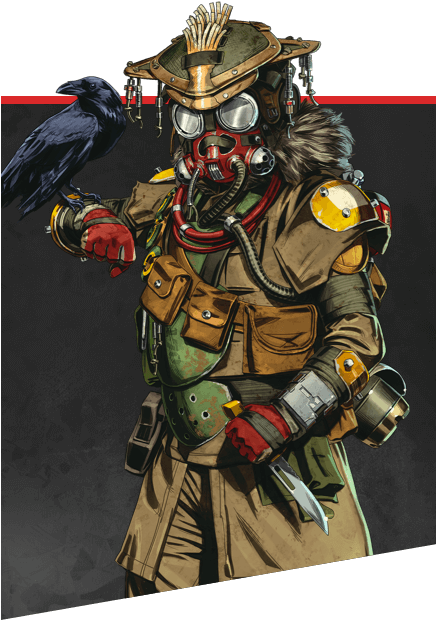 Apex Legends 血鴞與烏鴉 壁紙 — 一名穿著防毒面具和皮革裝備的蒸氣龐克戰士，一隻戴手套的手上托著烏鴉，另一隻手拿著刀。