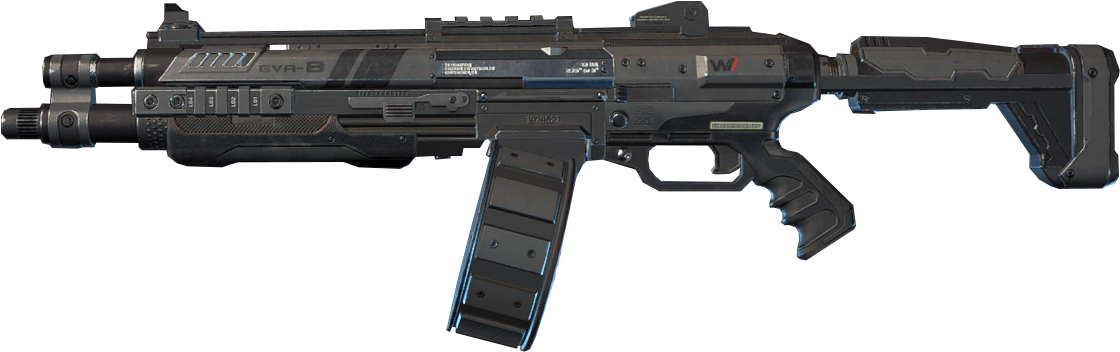 Apex Legends EVA-8 自動霰彈槍 壁紙 — 一把時尚的未來主義黑色突擊步槍，帶有發光的藍色點綴和細緻紋理，背景為深色。