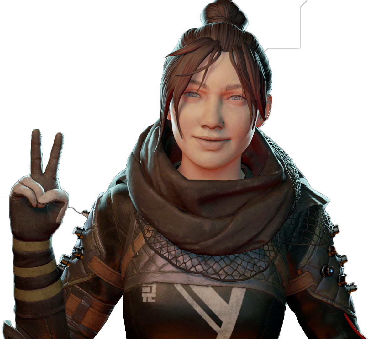 Apex Legends 魔女 勝利姿勢 壁紙 — 一個微笑的角色，棕色頭髮盤成髮髻，藍色眼睛，比出和平手勢，身穿精細盔甲和圍巾。