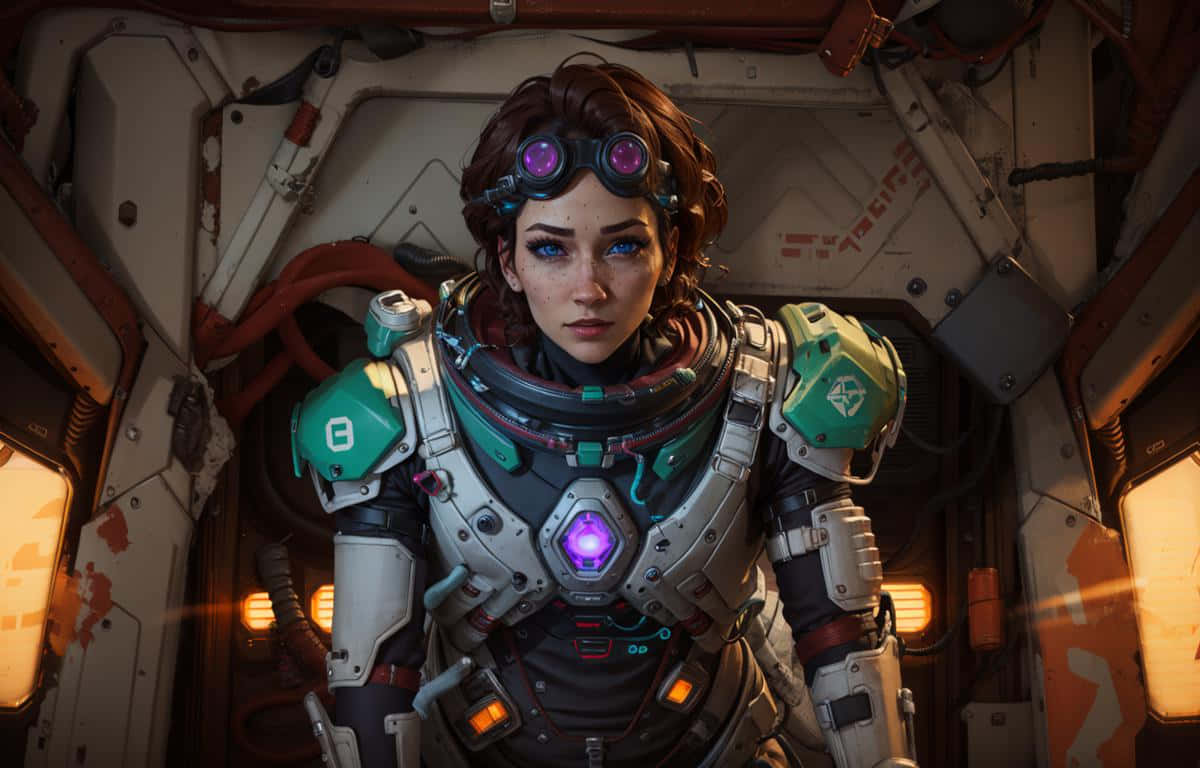 Apex Legends Horizon 角色肖像 壁紙 — 一位身穿詳細未來盔甲的女太空人站在光線昏暗的太空船走廊內，周圍有發光面板和暴露的管道。
