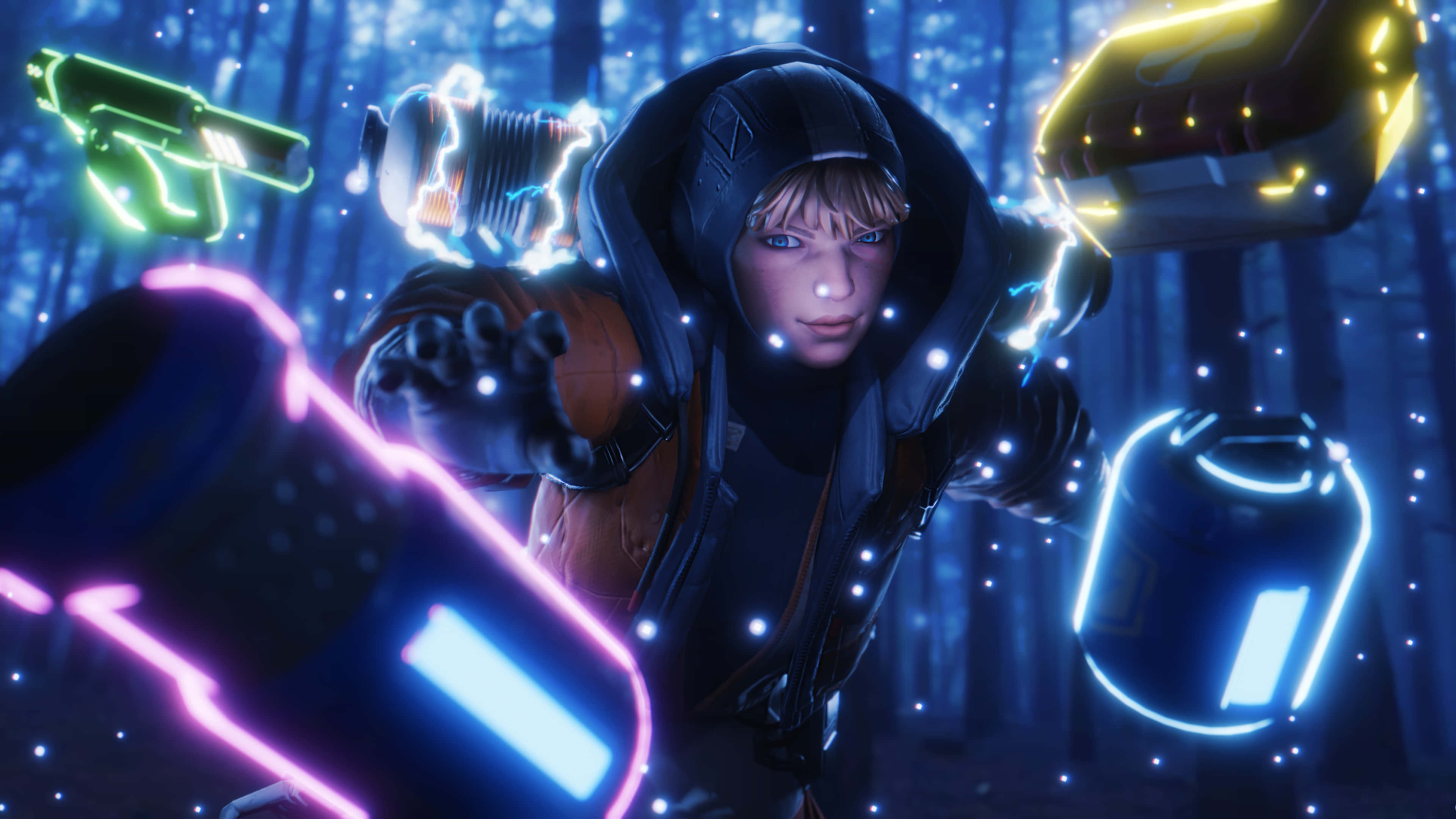 Apex Legends 瓦特森 霓虹燈光藝術 壁紙 — 一個穿著連帽外套的年輕人站在黑暗的森林中，揮舞著發光的未來武器和能量球。