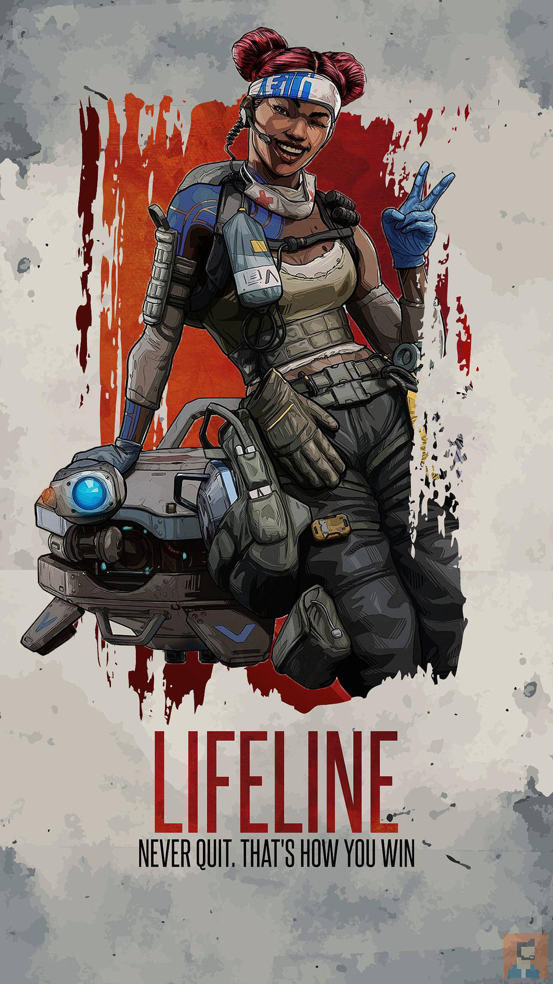 一位微笑的士兵穿著戰術裝備，在紅色和灰色飛濺背景中手持未來武器。