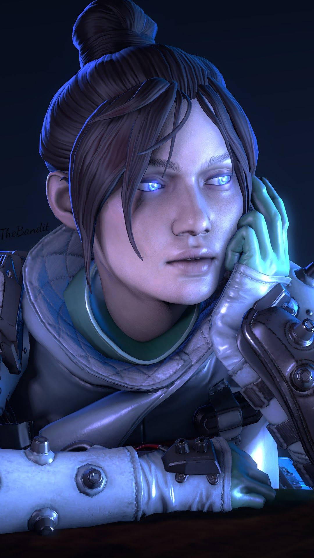 Apex Legends iPhone 魔女肖像 壁紙 — 一位未來主義的女性太空人，擁有發光的藍色眼睛，將頭靠在戴手套的手上，背景為深色。