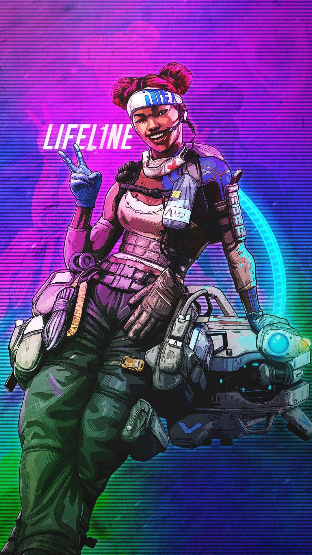 Apex Legends iPhone 魔女生命線 壁紙 — 一位穿著未來裝備的開朗女兵微笑並比出和平手勢，手持發光武器，背景是充滿活力的霓虹漸變色。