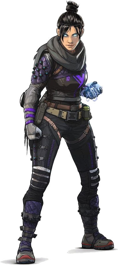Apex Legends 魔女角色插畫 壁紙 — 一位身穿深色戰術裝備、帶有紫色點綴和發光藍色護手的女戰士，在黑色背景前準備就緒。
