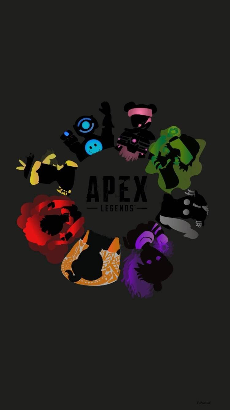 Apex Legends 角色以彩色剪影圍繞遊戲標誌排列成圓形。