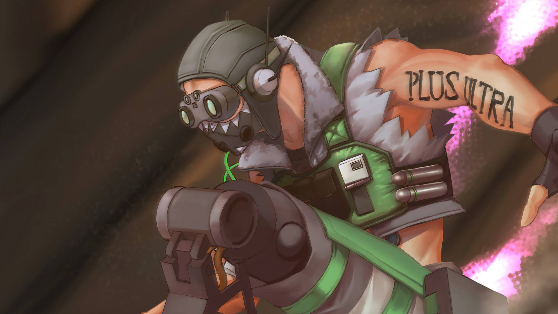動漫戰士，戴著防毒面具和「PLUS ULTRA」紋身，用紫色能量發射武器。