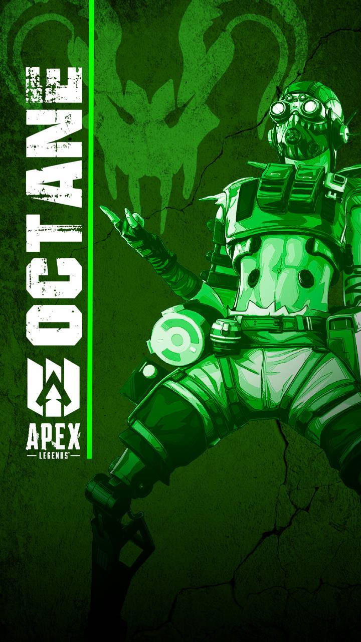 來自Apex Legends的Octane身穿綠色戰術裝備，在發光骷髏背景前擺姿勢。