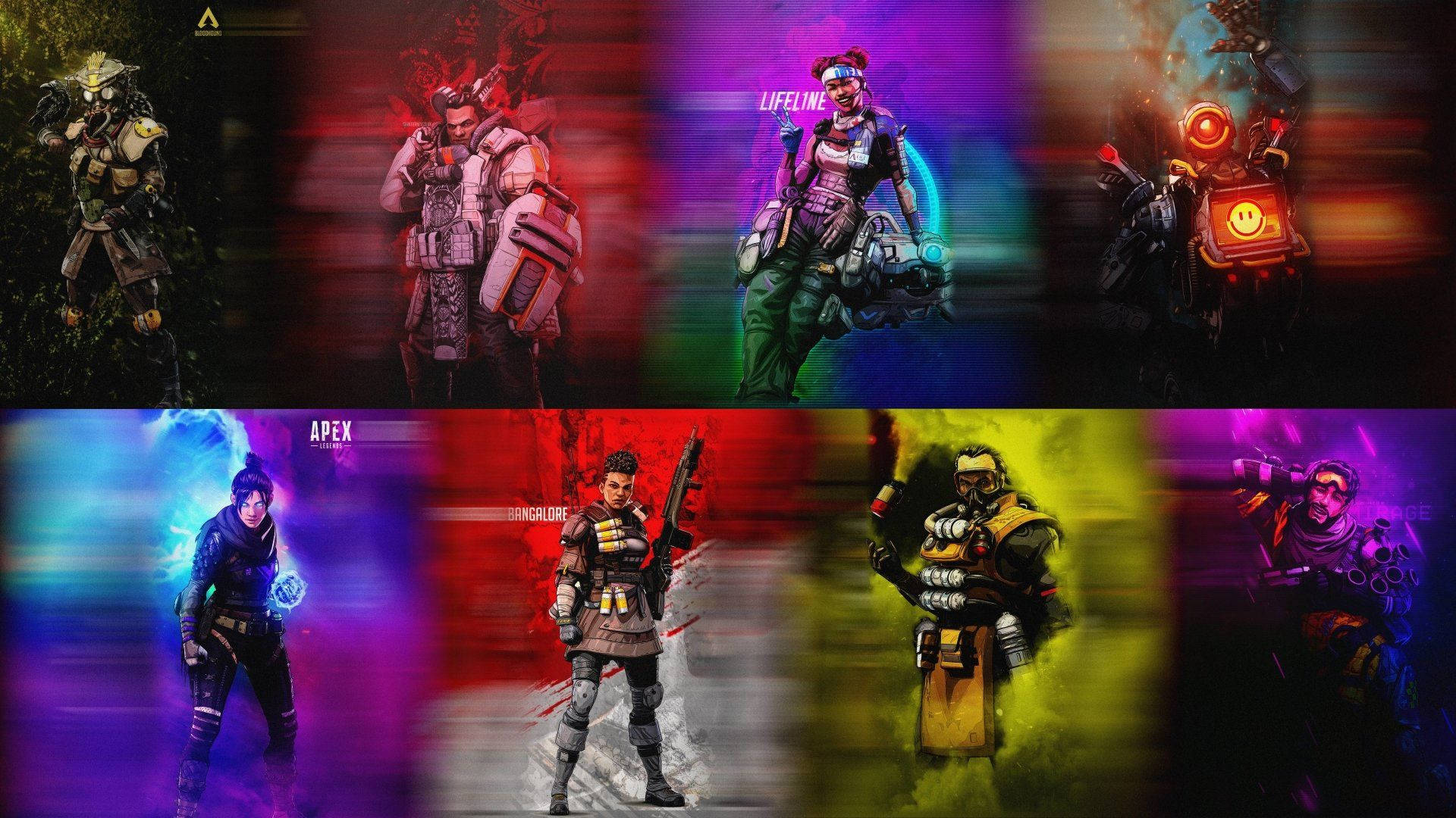 八個穿著戰鬥裝備的Apex Legends角色在色彩繽紛的動態背景前擺姿勢。