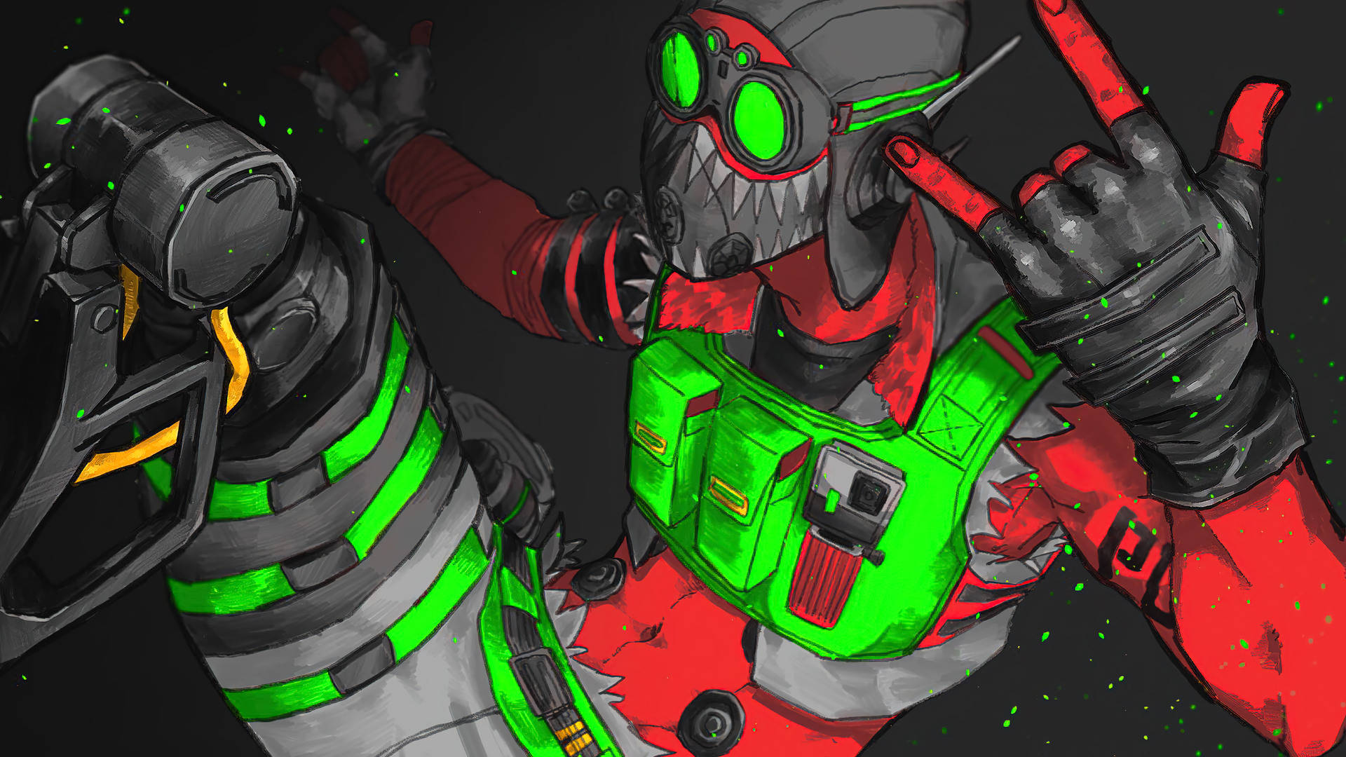 Apex Legends Octane 穿背心 壁紙 — 一個戴面具的動漫角色，身穿紅色和綠色裝備，戴著發光的綠色護目鏡和機械手臂做出搖滾手勢。