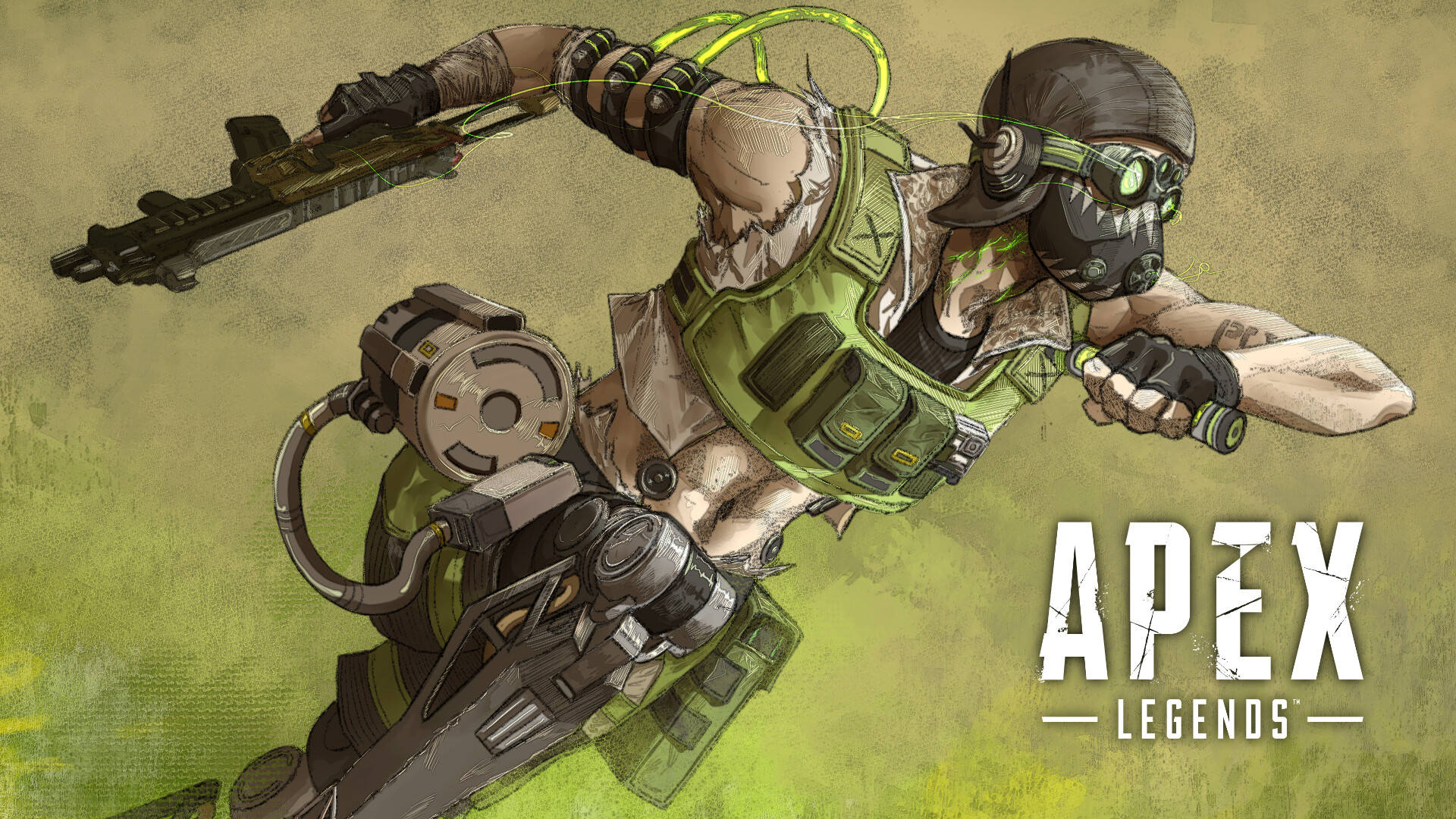 Apex Legends Octane 持槍 壁紙 — 一個肌肉發達的Apex Legends角色穿著綠色戰術裝備，在帶有紋理的橄欖綠背景上動態跳躍。