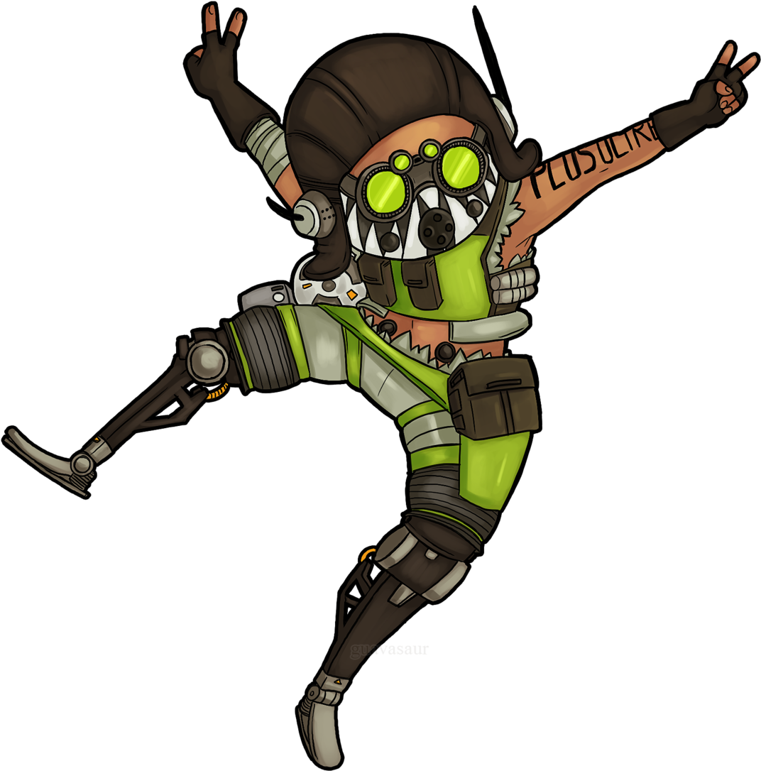 Apex Legends Octane 飛行姿勢 壁紙 — 一個穿著綠色和棕色裝備、戴著發光護目鏡的Q版角色，在黑色背景前擺出動感姿勢。