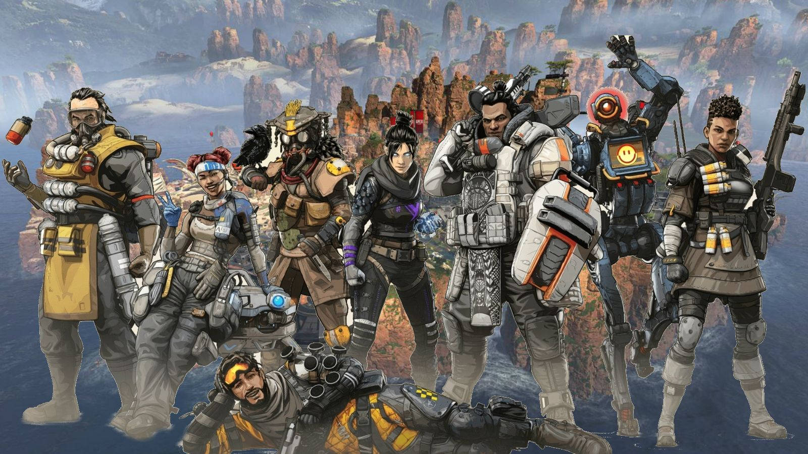 Apex Legends Octane 遊戲角色群像 壁紙 — 一群身穿戰術裝備的多元電子遊戲角色，在霧氣瀰漫的山脈背景下英勇站立。