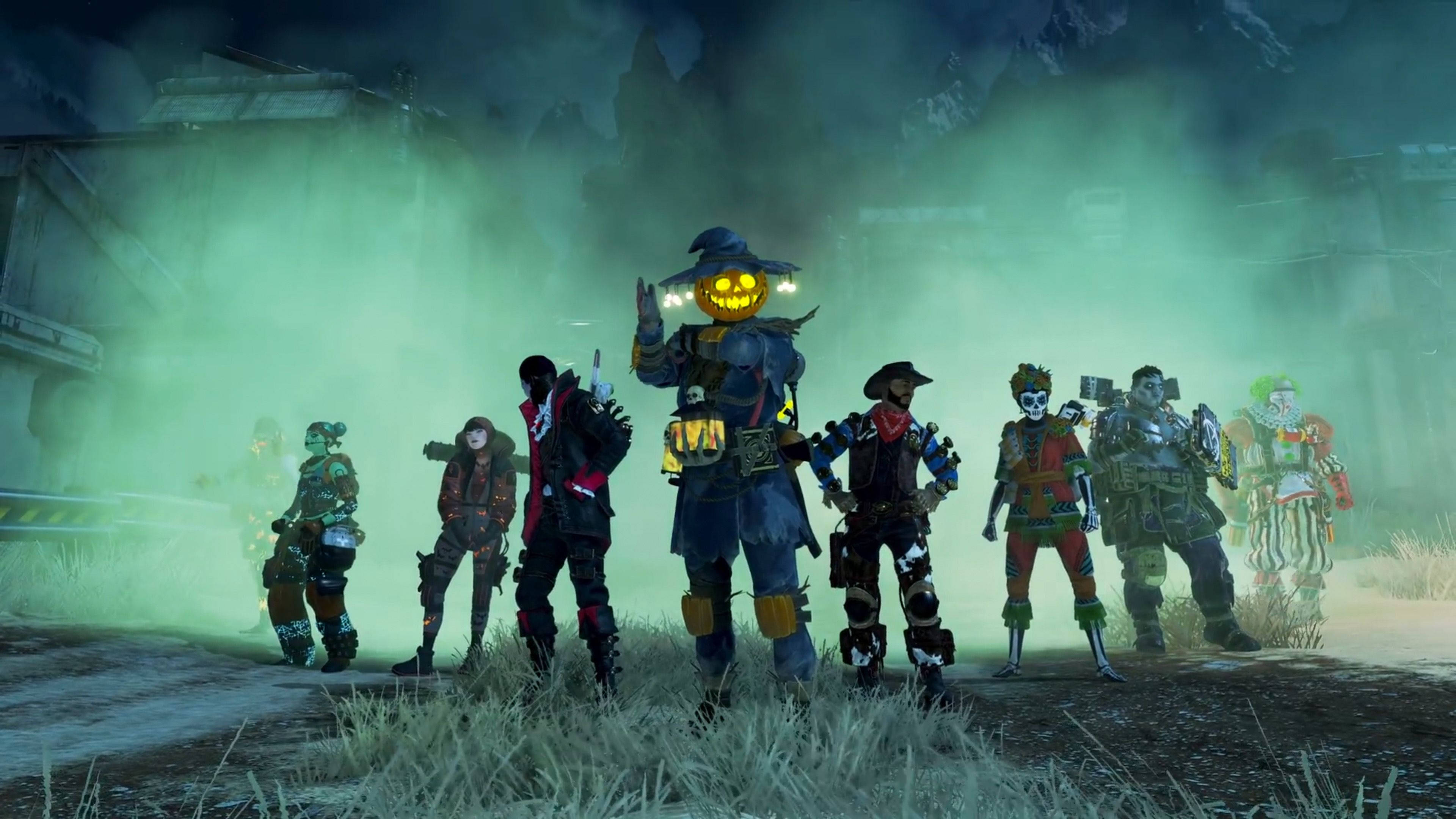 Apex Legends Octane 黃色頭部 壁紙 — 一群風格化的遊戲角色穿著萬聖節服裝，站在綠色光芒下的迷霧陰森景觀中。