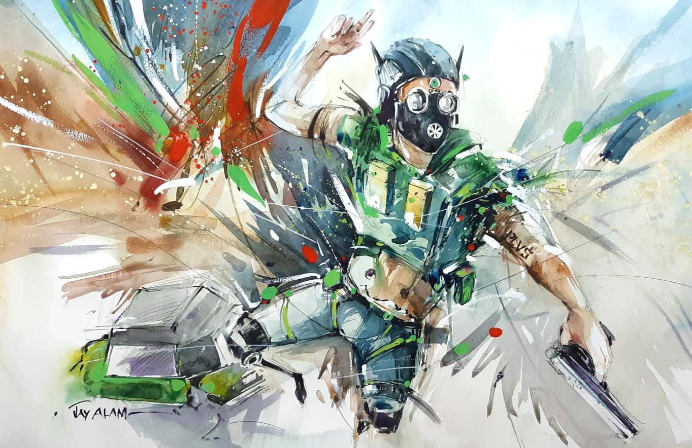 Apex Legends Octane 多種顏色 壁紙 — 一幅動態水彩插圖，描繪一名戴面具的戰士身穿綠色裝備，在爆炸性的顏料飛濺中揮舞手槍。