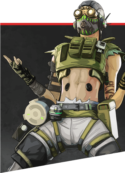 Apex Legends Octane 勝利姿勢 壁紙 — 一個風格化的動漫角色，身穿綠色戰術裝備和發光護目鏡，擺出搖滾手勢。