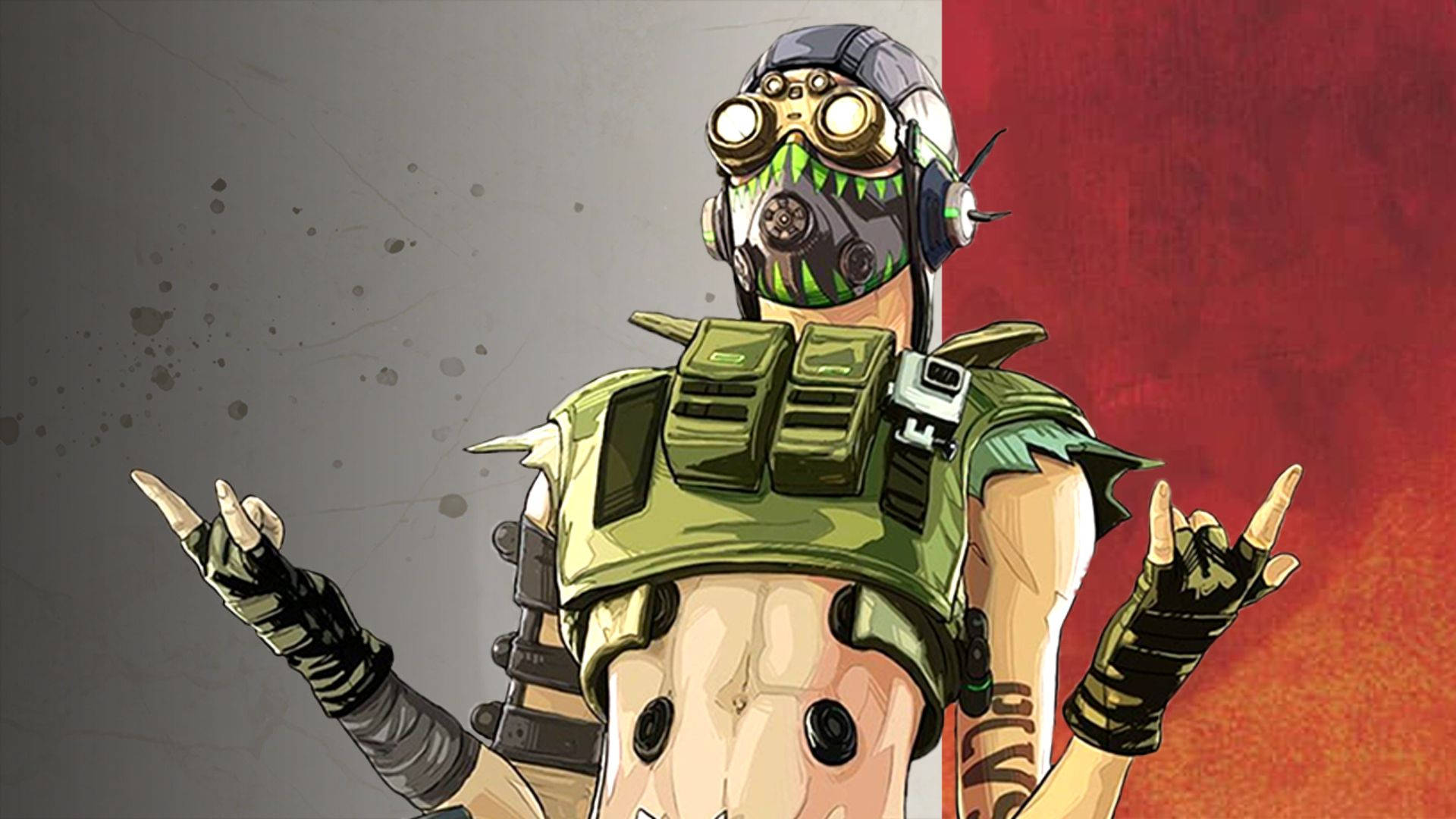 Apex Legends Octane Rock On 手勢 壁紙 — 一個風格化的動漫角色，身穿綠色戰術背心和防毒面具，在灰色和紅色分割的背景前做出搖滾手勢。