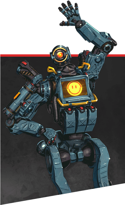 Apex Legends Pathfinder 招手 壁紙 — 一個藍色裝甲機械人，胸前有一個發光的黃色笑臉，在黑暗背景下舉起一隻手，擺出愉快的姿勢。