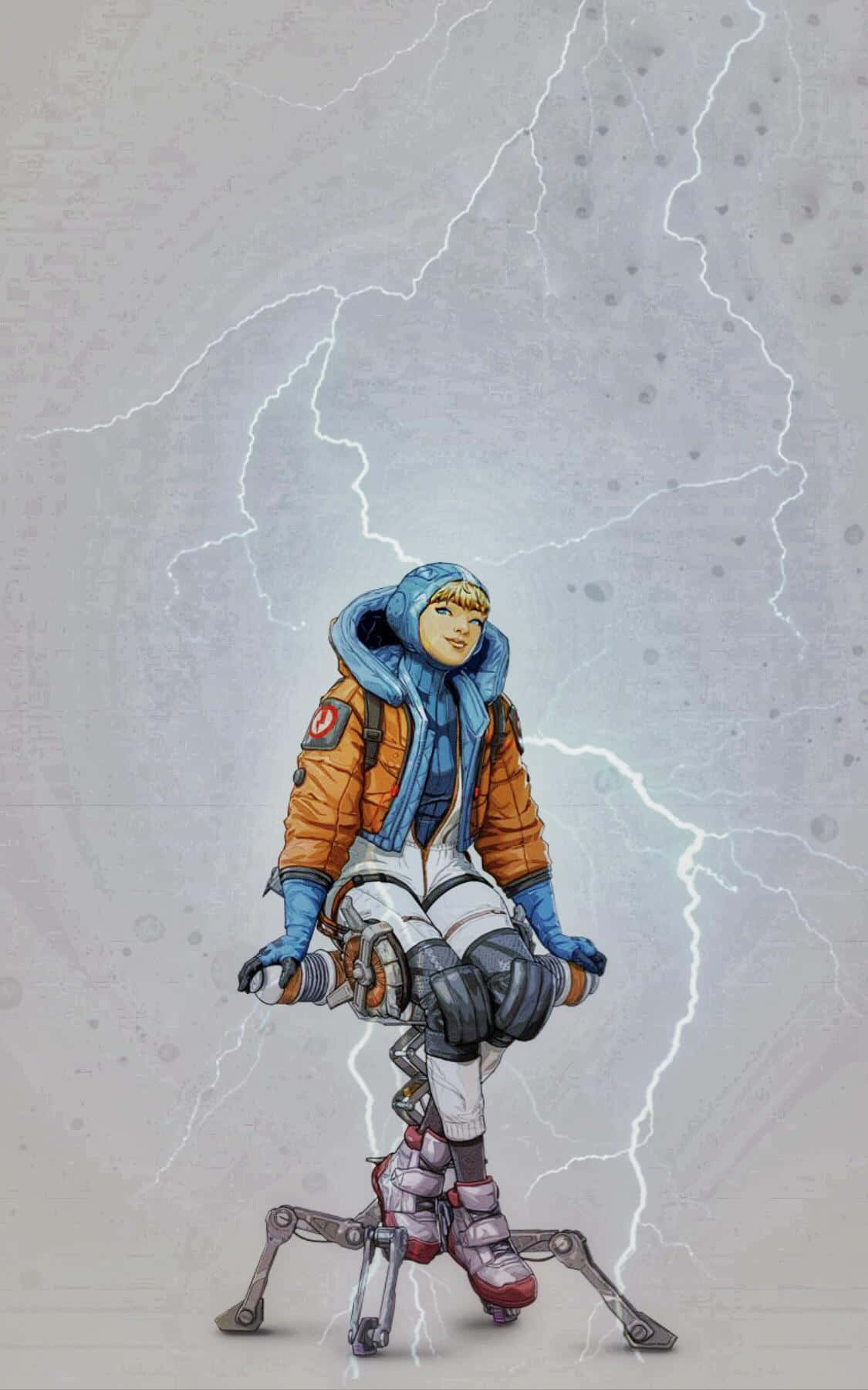 Apex Legends 韋特森 美學藝術 壁紙 — 一位年輕冒險家穿著未來風格的橙色和藍色套裝，騎著機械外骨骼穿過雷電交加的暴風雨天空。