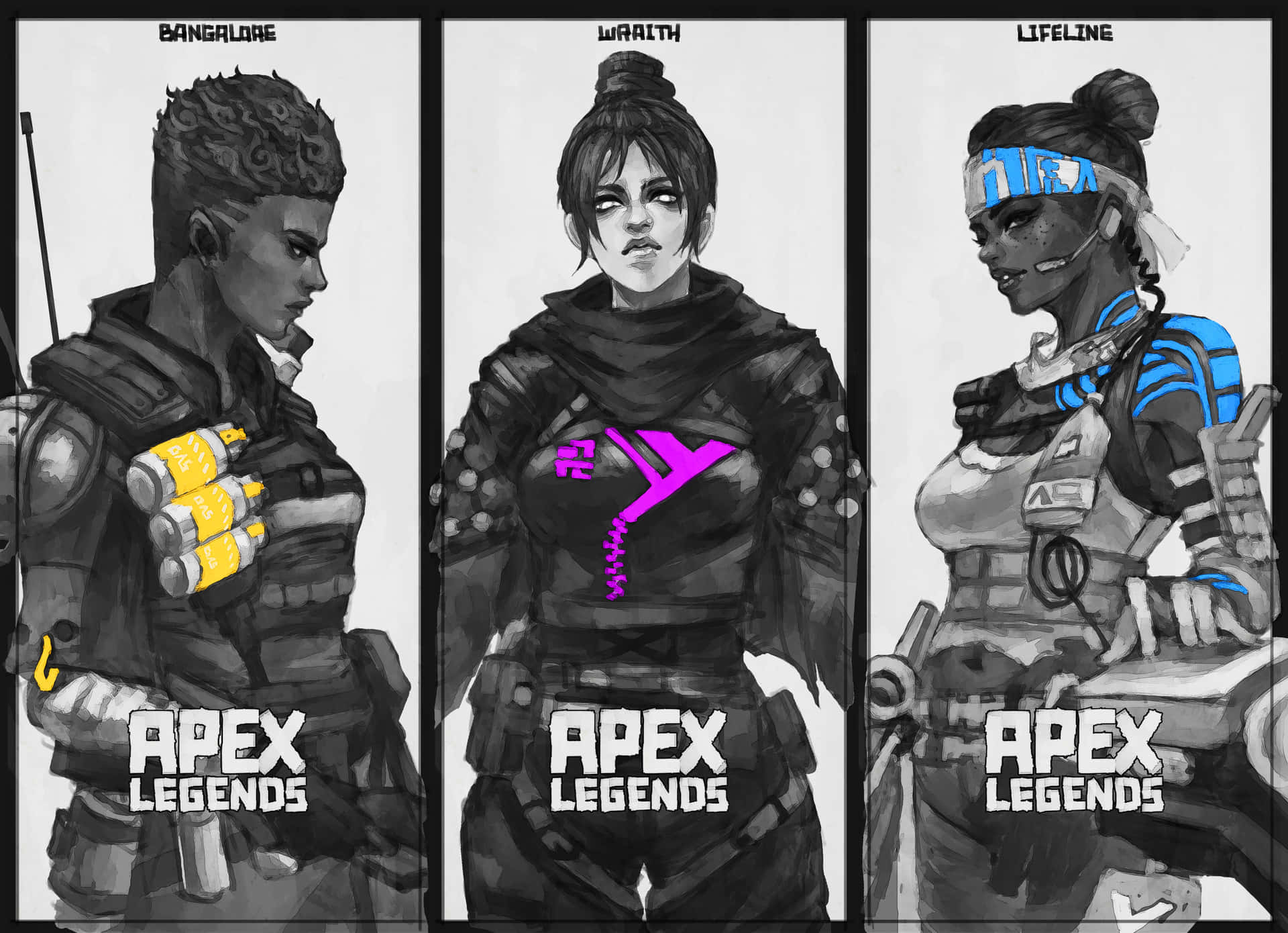 三個Apex Legends角色以風格化的數位藝術呈現，帶有黑、白和紫藍色點綴。