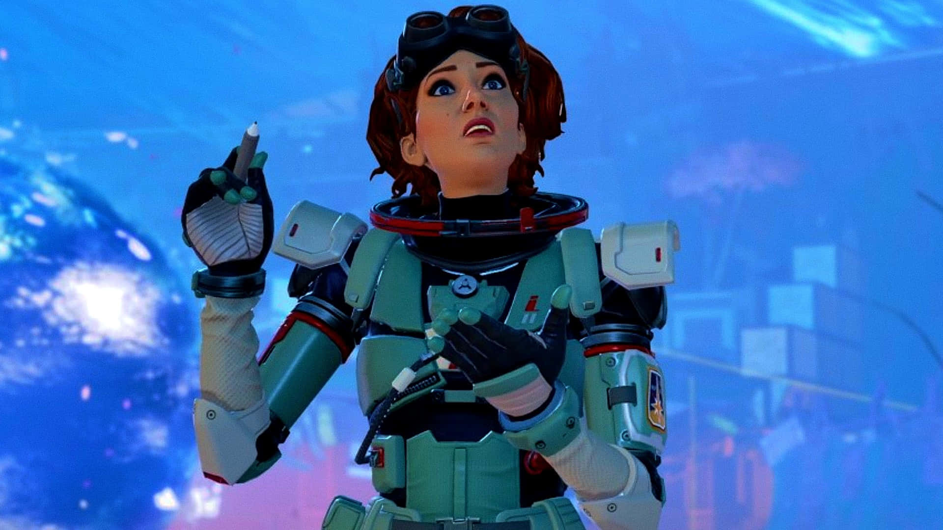 Apex Legends 中的 Horizon 動作場景 壁紙 — 一位身穿青綠色和白色裝備的女性太空人，在充滿活力的宇宙背景下，手持筆向上凝視。