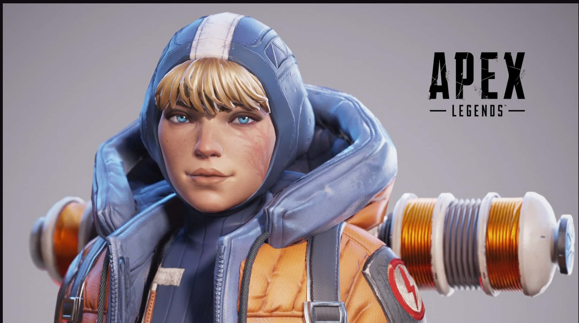 金髮Apex Legends角色，藍色連帽外套，橙色護甲，武器。