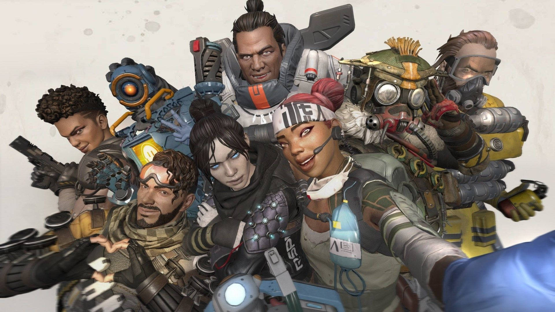 與《Apex英雄》隊伍一同登上巔峰 壁紙 — 一群充滿活力的不同電子遊戲角色，穿著未來主義裝備，在帶有紋理的米白色背景前自信地擺姿勢。