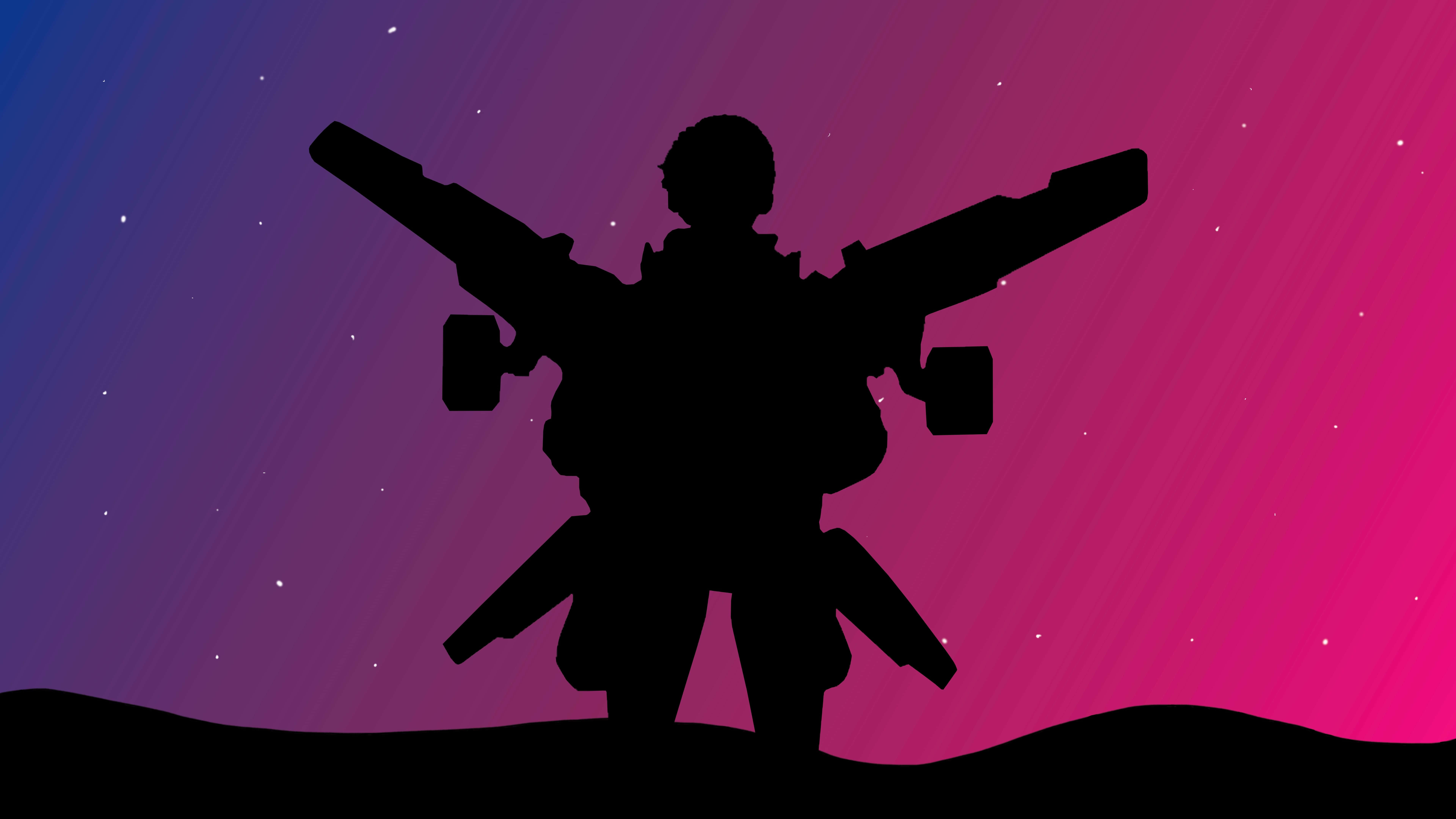 《Apex 英雄》瓦爾基里紫粉系美學 壁紙 — 一個未來戰士的剪影，手持雙武器，站在充滿活力的紫色和粉紅色星空下。