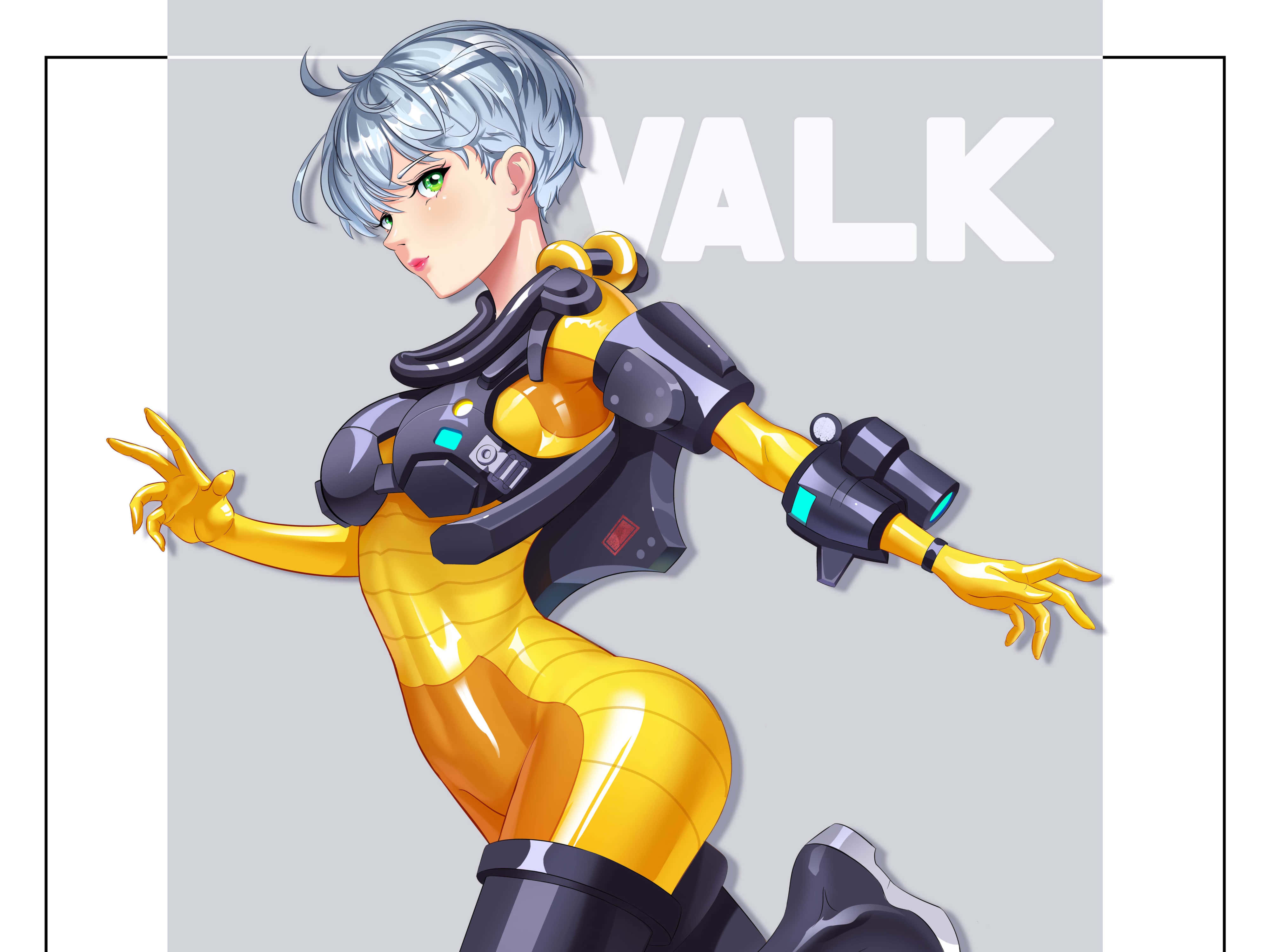 《Apex 英雄》戰鬥角色瓦爾基里 壁紙 — 一位銀髮動漫女孩穿著黃黑相間的未來風格套裝，在灰色背景前擺出動感姿勢，身後有「WALK」字樣。