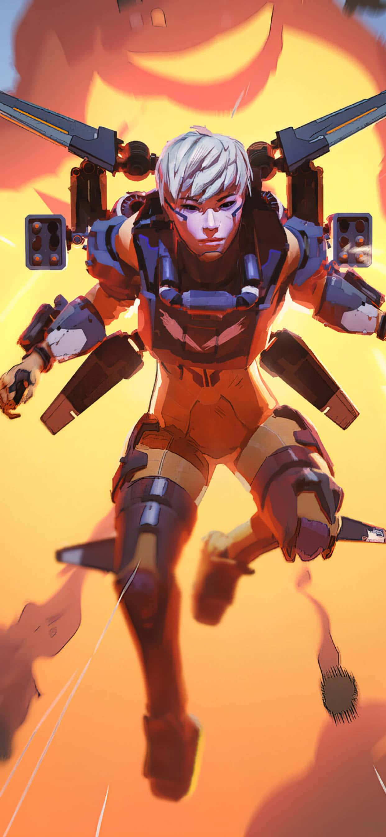 《Apex英雄》瓦爾基里躍過爆炸煙霧 壁紙 — 一位堅定的動畫風格機師，身穿未來感橙色和藍色裝甲服，以機械翅膀翱翔於火紅色的天空。