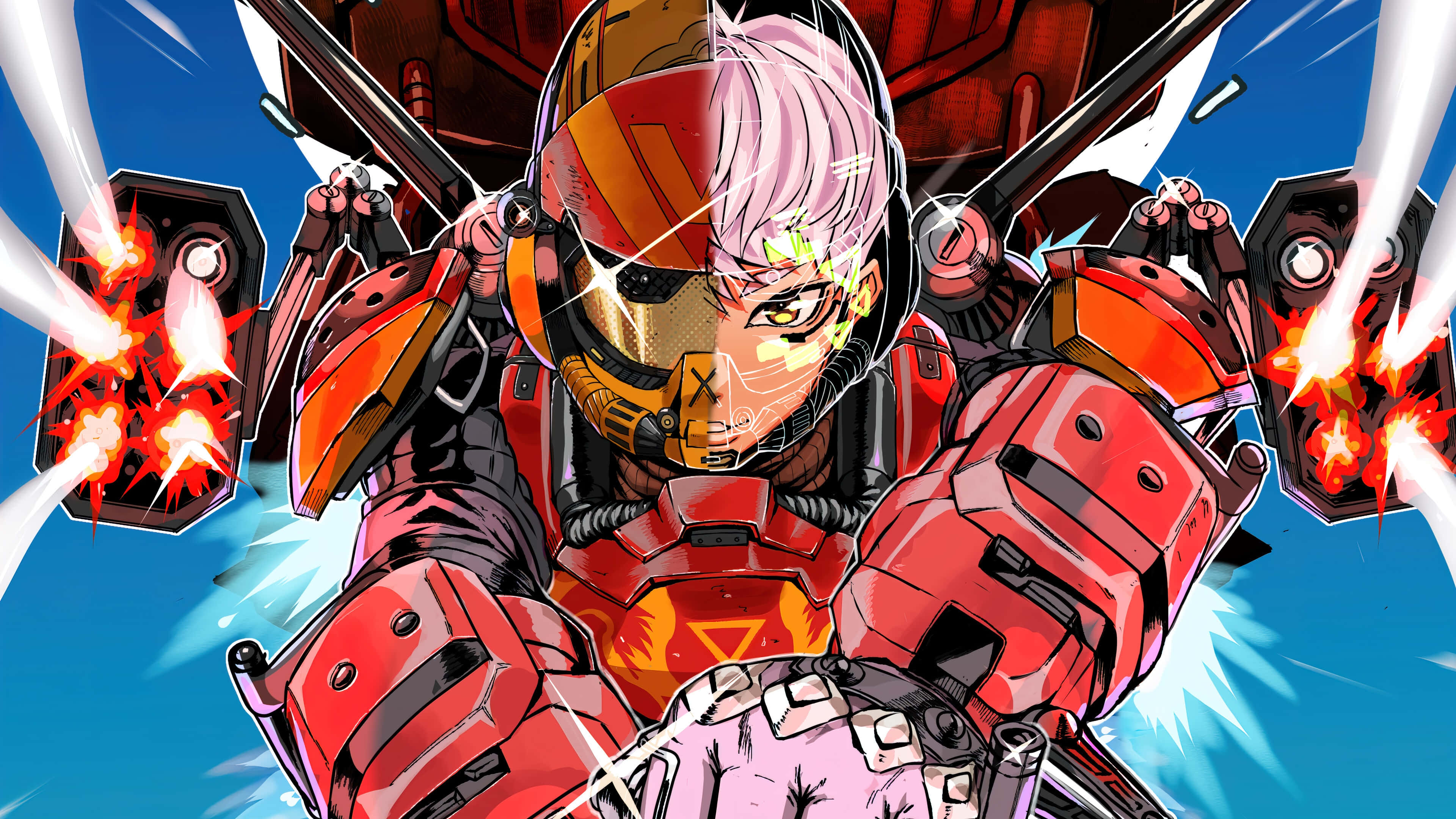 《Apex英雄》瓦爾基里概念藝術圖 壁紙 — 粉紅色頭髮的動漫戰士身穿紅色盔甲，在明亮的藍天下發射雙管大砲，伴隨著爆炸。