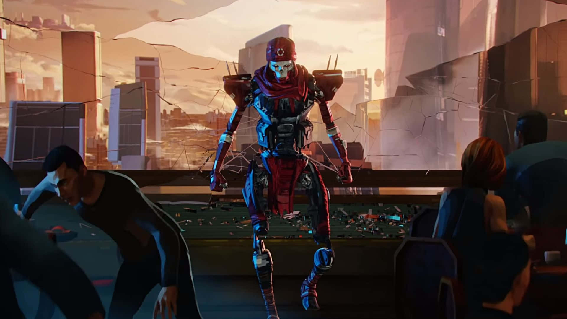 賽博龐克戰士穿過破碎玻璃，躍入日落時分的未來城市。