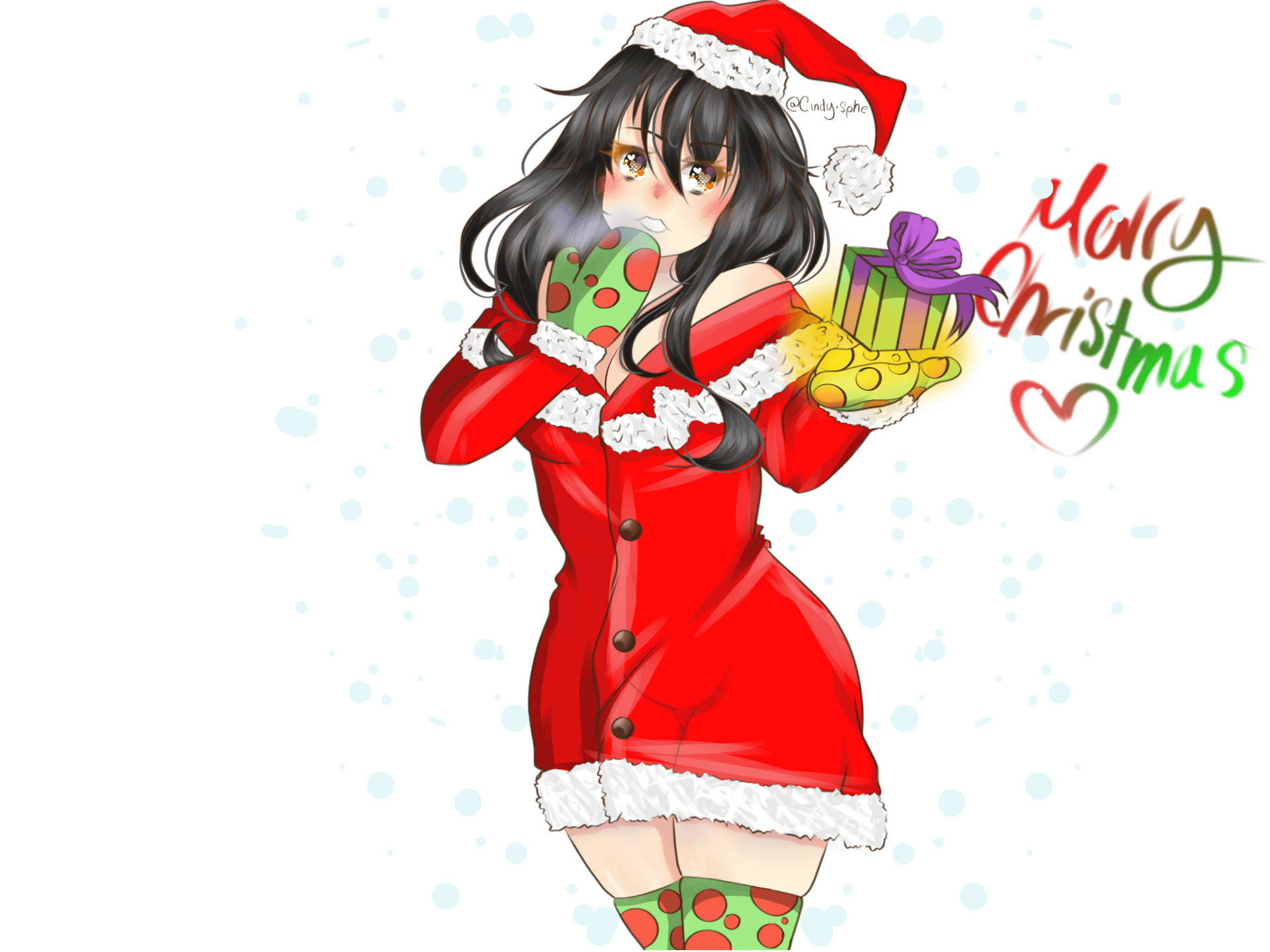 動漫女孩穿著聖誕老人服裝，拿著禮物和杯子，伴有雪花和Merry Christmas文字。