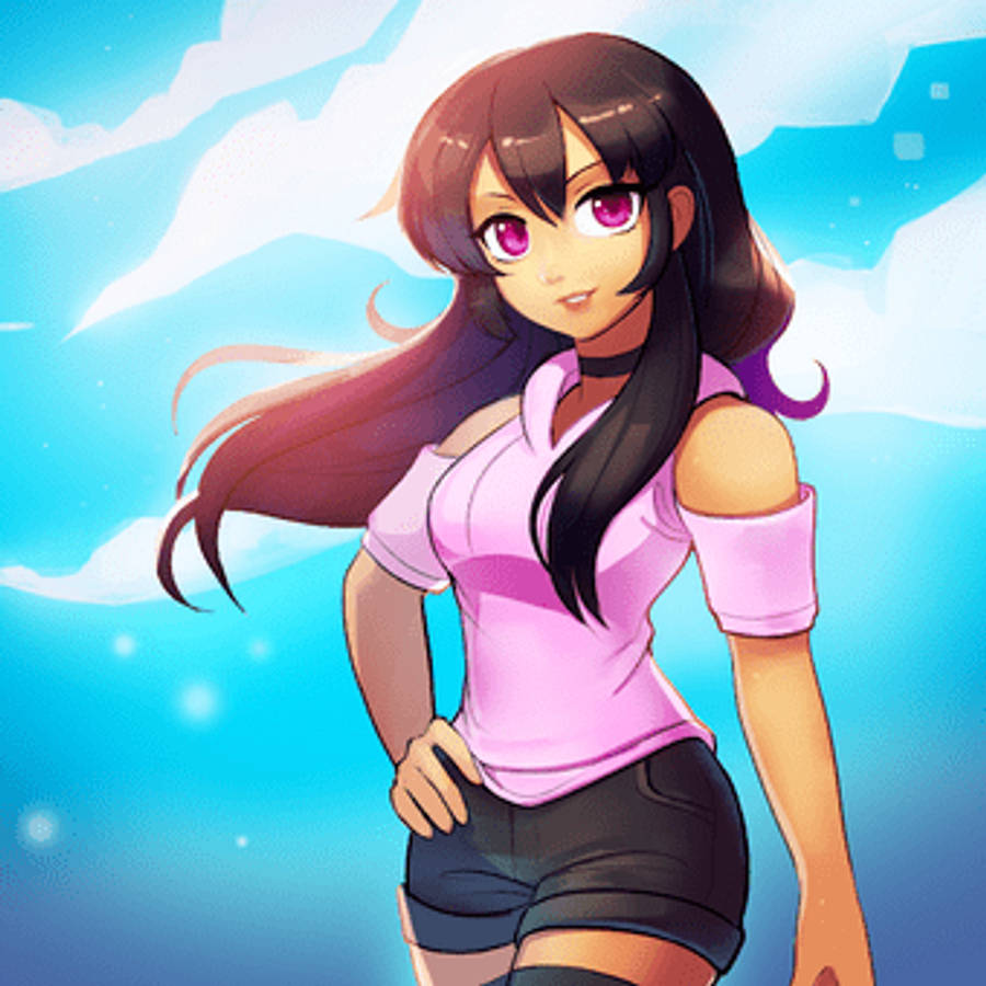 Aphmau 夏日可愛 壁紙 — 長黑髮紫眼動漫女孩自信地站在有蓬鬆雲朵的明亮藍天下。