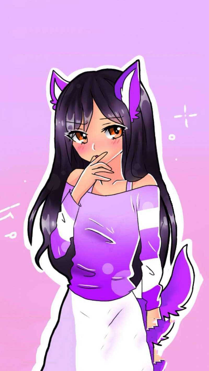 動漫女孩，擁有紫色貓耳和尾巴，穿著紫色和白色的服裝。