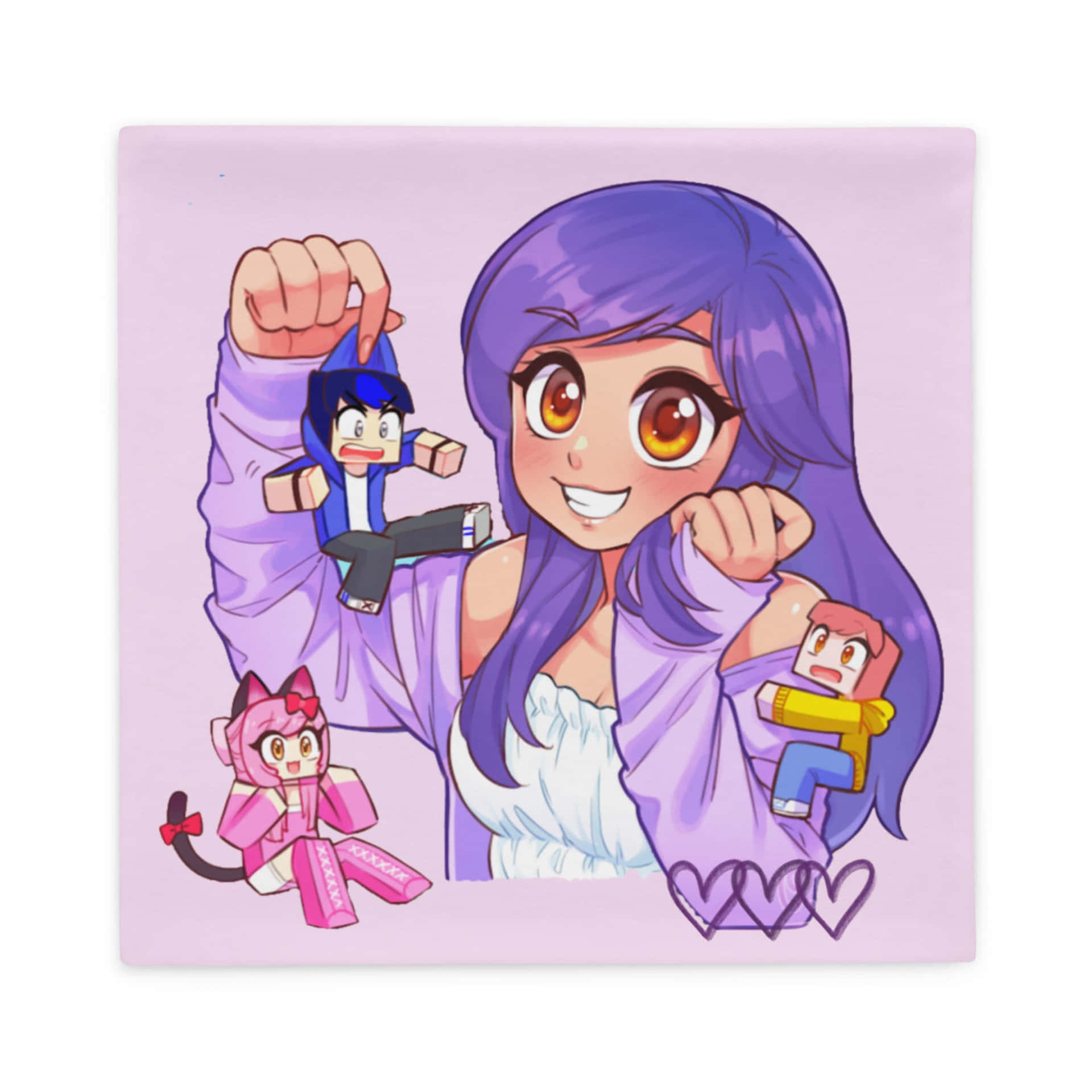 紫髮動漫女孩抱著Minecraft風格角色和心形。