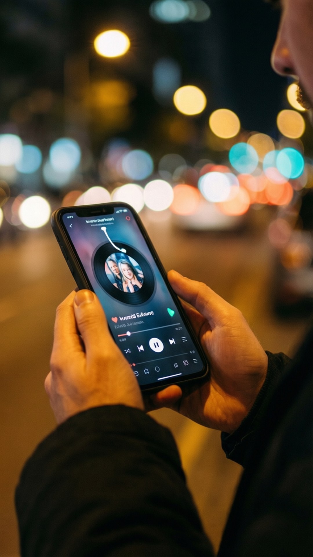 夜間音樂App 壁紙 — 手持智能手機播放音樂的特寫，背景是模糊的城市夜景，帶有發光的散景燈光。