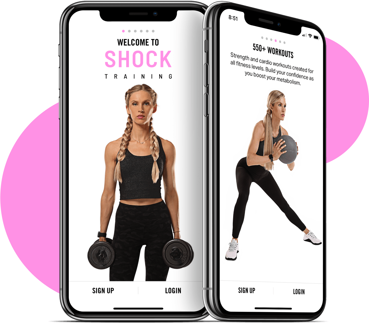 健身App宣傳：SHOCK Training 壁紙 — 兩部智能手機顯示一個健身應用程式，其中一個紮辮子的女人拿著啞鈴，另一個用健身球做運動，背景是粉紅色圓形。