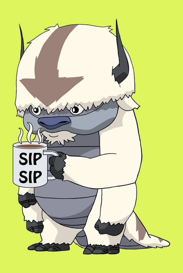 一隻卡通氂牛拿著一個冒著熱氣、標有SIP SIP的杯子。