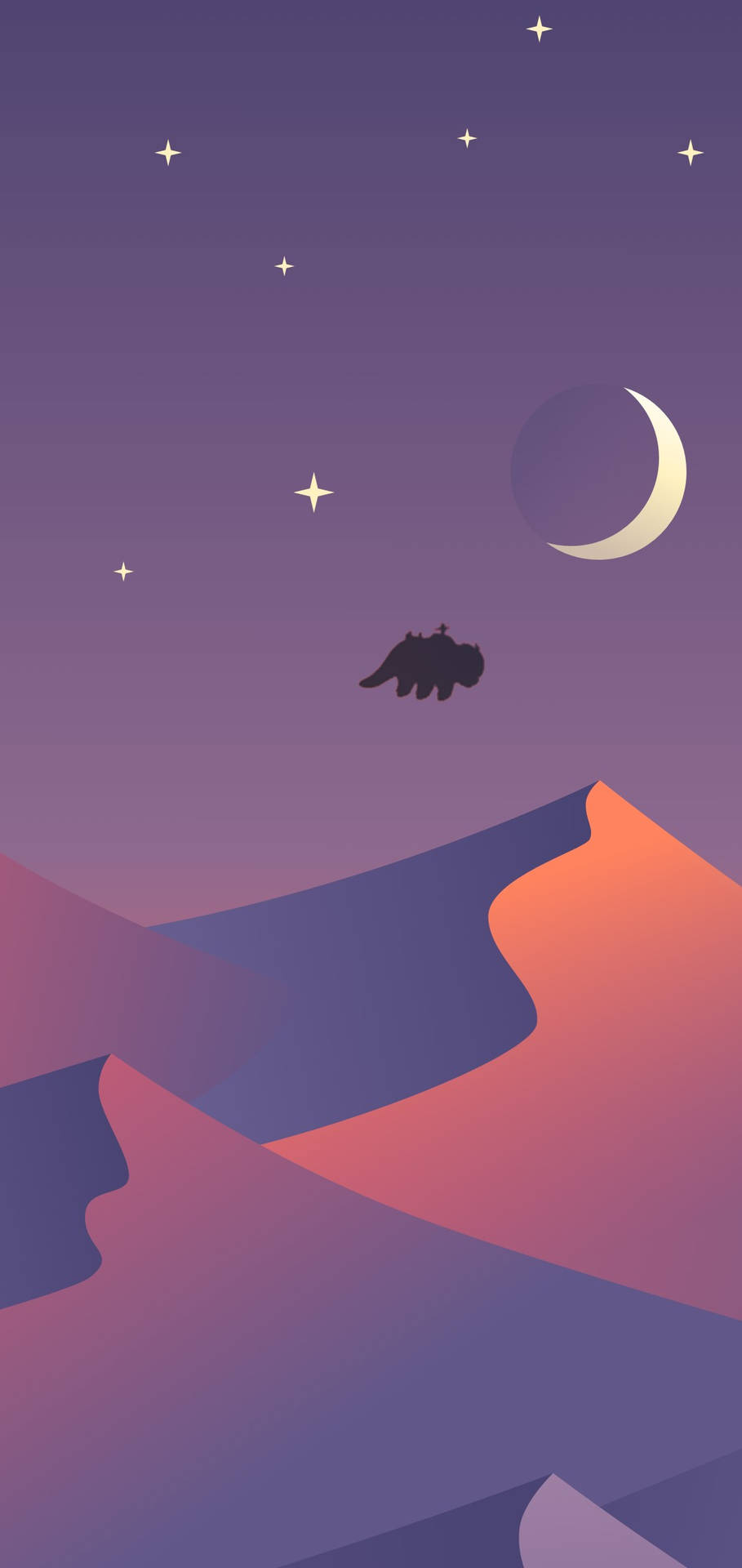 一隻黑貓在新月和星星下飛越色彩斑斕的山脈。