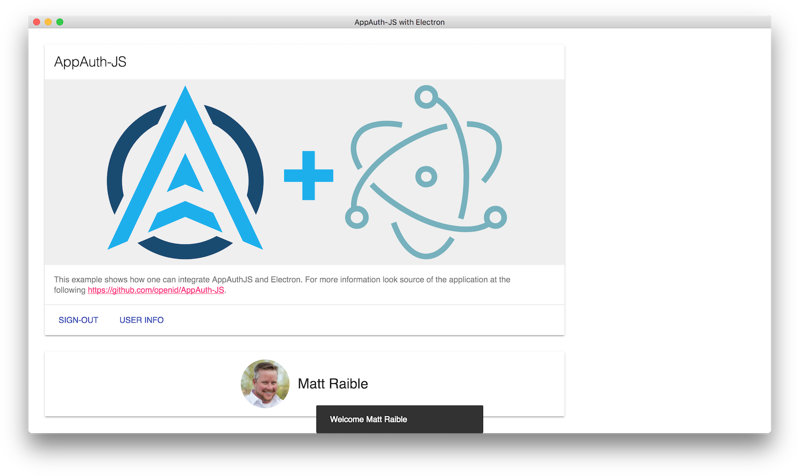 AppAuth-JS與Electron整合示範 壁紙 — 一個乾淨的軟體登入介面，顯示 AppAuthJS 和 Electron 標誌，以及用戶個人資料和歡迎訊息。