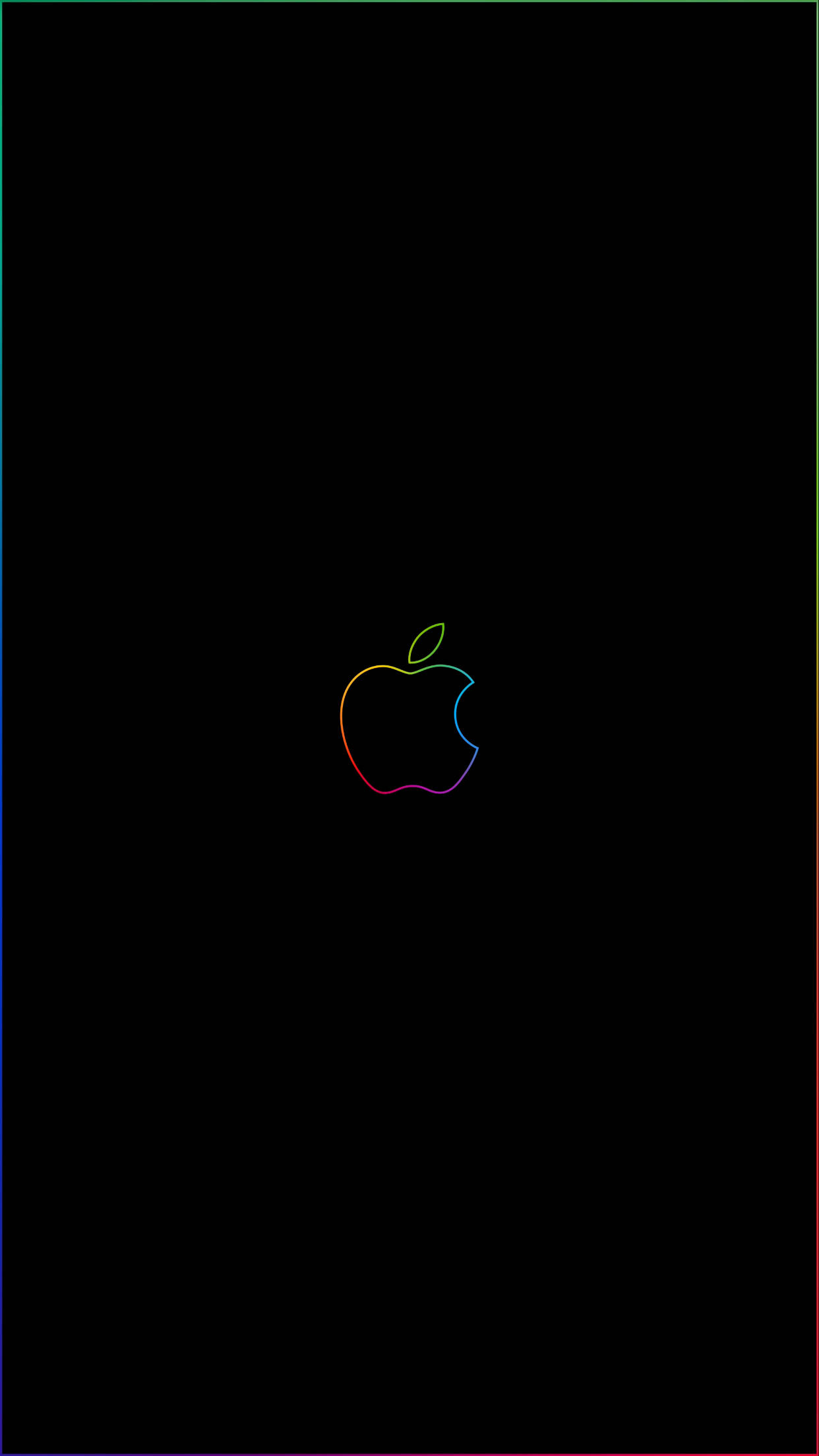 彩虹色 Apple 標誌線條壁紙 壁紙 — 一個極簡的彩虹輪廓Apple標誌，居中放在黑色背景上，帶有細彩色邊框。