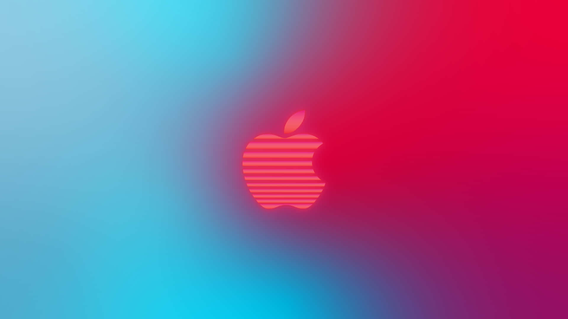 發光的Apple標誌，帶有條紋，位於藍色到紅色的漸變背景上。